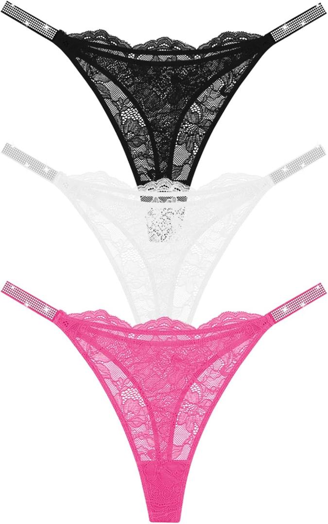 Sexy Thongs for Women Breathable Lace Underwear Rhinestones Strap G-String Stretch Panties Thong