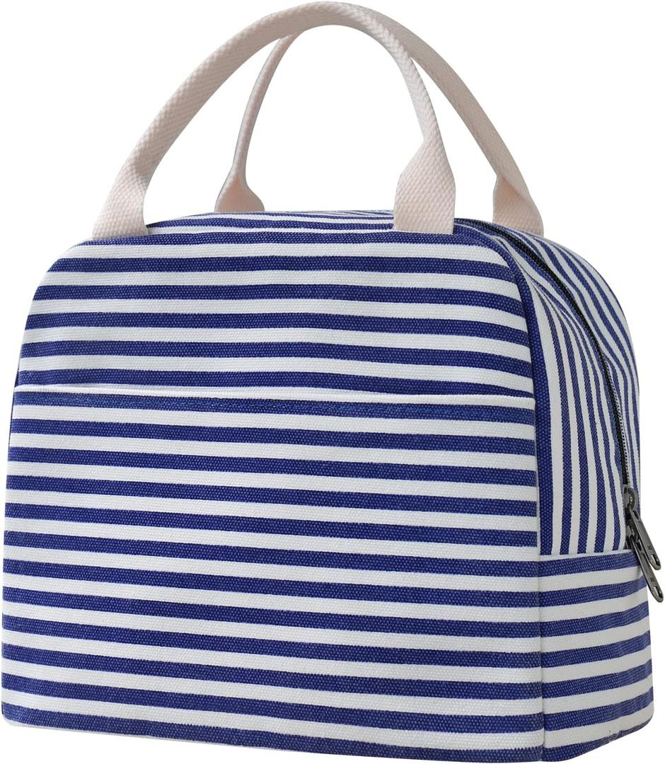 EurCross Blue and White Stripes Lunch Bag Women,Cooler Tote Bag Insulated Lunch Bento Box Bag, Canvas Portable Tote Thermal Bag for Adult Women and Men for Work