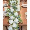 6FT Artificial Eucalyptus Garland with Flowers, 10 White Roses Baby Breath Garland Floral Greenery for Wedding Party Centerpiece Table Runner Backdrop Wall Decor Decoration