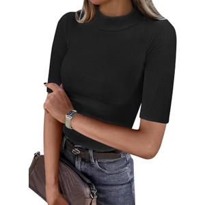 ANRABESS Womens Tops Mock Neck Half Sleeve Shirts Ribbed Knit Slim Fit Basic Tee 2026 Summer Fall Dressy Casual T-Shirts (M)