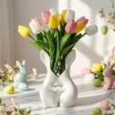 Dingion Easter Decor Vase with 15 Pcs Artificial Tulips, 8 Inch Bunny Decoration Vase Resin Easter Decor Rabbit Sit Flower Plant Spring Tabletop Centerpiece Gift for Home Dining Table Living Room