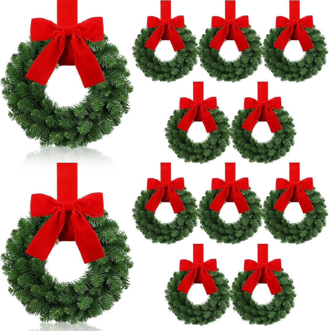 12 Pcs 9 Inch Small Christmas Wreaths for Kitchen Cabinet with Red Velvet Bow Ribbon Christmas Farmhouse Decoration Artificial Hanging Pine Wreath for Front Door Porch Chair Wall Window