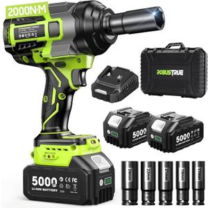 Robustrue Cordless Impact Wrench,1475Ft-lbs (2000N.m) 1/2 High Torque Brushless Impact Gun, 18V Power Impact Driver, 2 * 5000mAh Battery,5 Sockets, Brushless Variable Speeds for Car/Truck RV/Mower