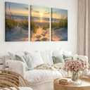 Pennimor 3Pieces Framed Beach Wall Art, Ocean Sunset Wood Wall Decor, Modern Seascape Artwork Printing for Bathroom Bedroom Living Room Home Office Farmhouse 12x16in