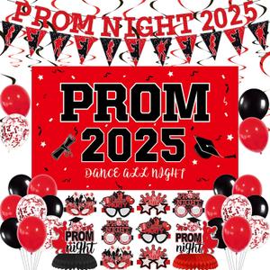 Prom 2025 Decorations Set, Graduation Party Supplies Prom 2025 Backdrop, Prom Night Banner, Balloon, Grad Photo Booth Props, Honeycomb Centerpieces, Paper Eyeglasses (Red)