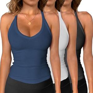 iGENJUN 3 Pack Workout Tops for Women Racerback Basic Tank Summer 2025 Camisole V Neck Slim Fit Ribbed Sleeveless Size L