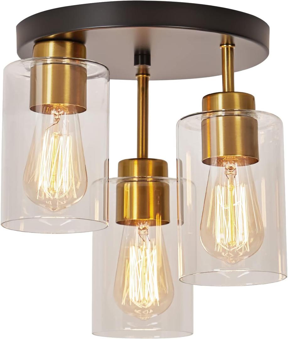 Flush Mount Ceiling Light 3-Light Black Semi Ceiling Light Fixture with Clear Glass Shades, Farmhouse Industrial Gold Brass Kitchen Ceiling Lights for Hallway Entryway Dining Roon Bedroom