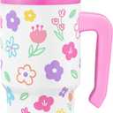 SANDJEST Floral Tumbler 20oz with Handle and Silicone Straw Lid for Kid, Insulated Stainless Steel Cup, Gift for Kids Girls, Gifts Idea for Birthday Christmas Back to School