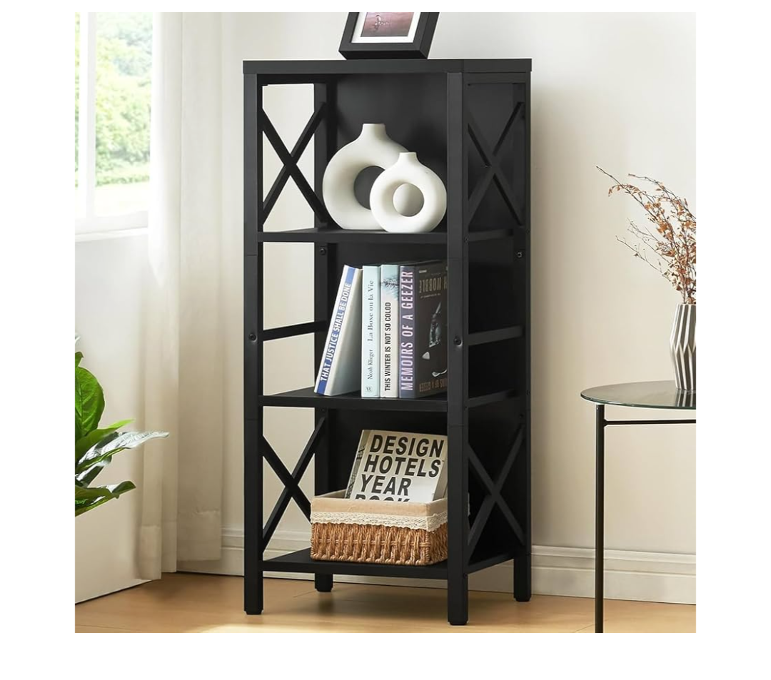 Small Bookshelf,4 Tier Industrial Bookcase with Metal Frame and Backboard,Narrow Black Book Shelf,Office Book case for Small Spaces,Living Room,Bedroom and Home Office
