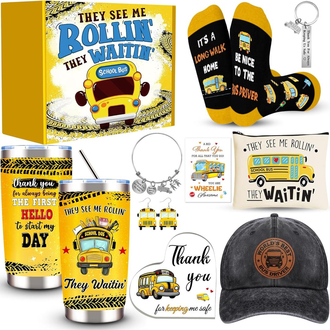 10 Pcs School Bus Driver Appreciation Gifts for Women, Back to School, Christmas Gift with 20 Oz Tumbler Hat Socks Makeup Bag Acrylic Heart Decor Bracelet Keychain, Thank You Gifts for Bus Driver