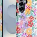 J.west for Samsung Galaxy S25 Case 6.2 inch Heavy Duty Slim Rugged Shockproof Cute Pink Floral Print Hybrid Dual Layer Aesthetic Garden Flowers Cover for Girls Women Protective Phone Cases