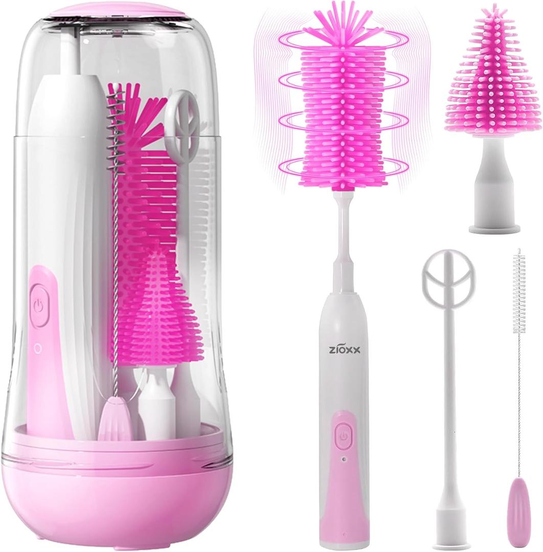 Electric Bottle Brush Cleaner, Portable Electric Baby Bottle Brush Cleaner for Travel, Rechargable Travel Bottle Cleaner Kit with Nipple & Straw Brush, Perfect Mom Essentials After Birth Gift, Pink (Round Model for Home Use)