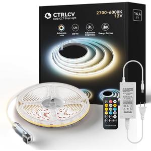 CtrlCV Tunable COB LED Strip Light Kit Dimmable 2700K-6500K Tape Light with IR Remote Adapter Flexible Rope LED Ribbon for Bedroom Home Lighting Mirror Kitchen Bar Cabinet Daylight Warm White