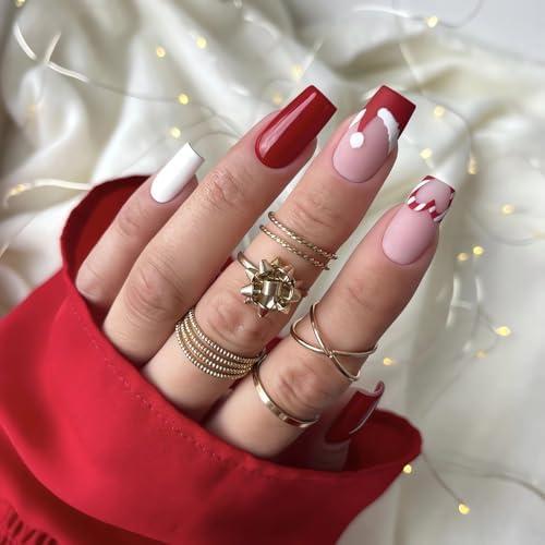 LPOODDNU Square Christmas Press on Nails - Medium Length Red Acrylic With Santa Hat Heart Designs, Glossy French Tip - 24Pcs False Nail Set