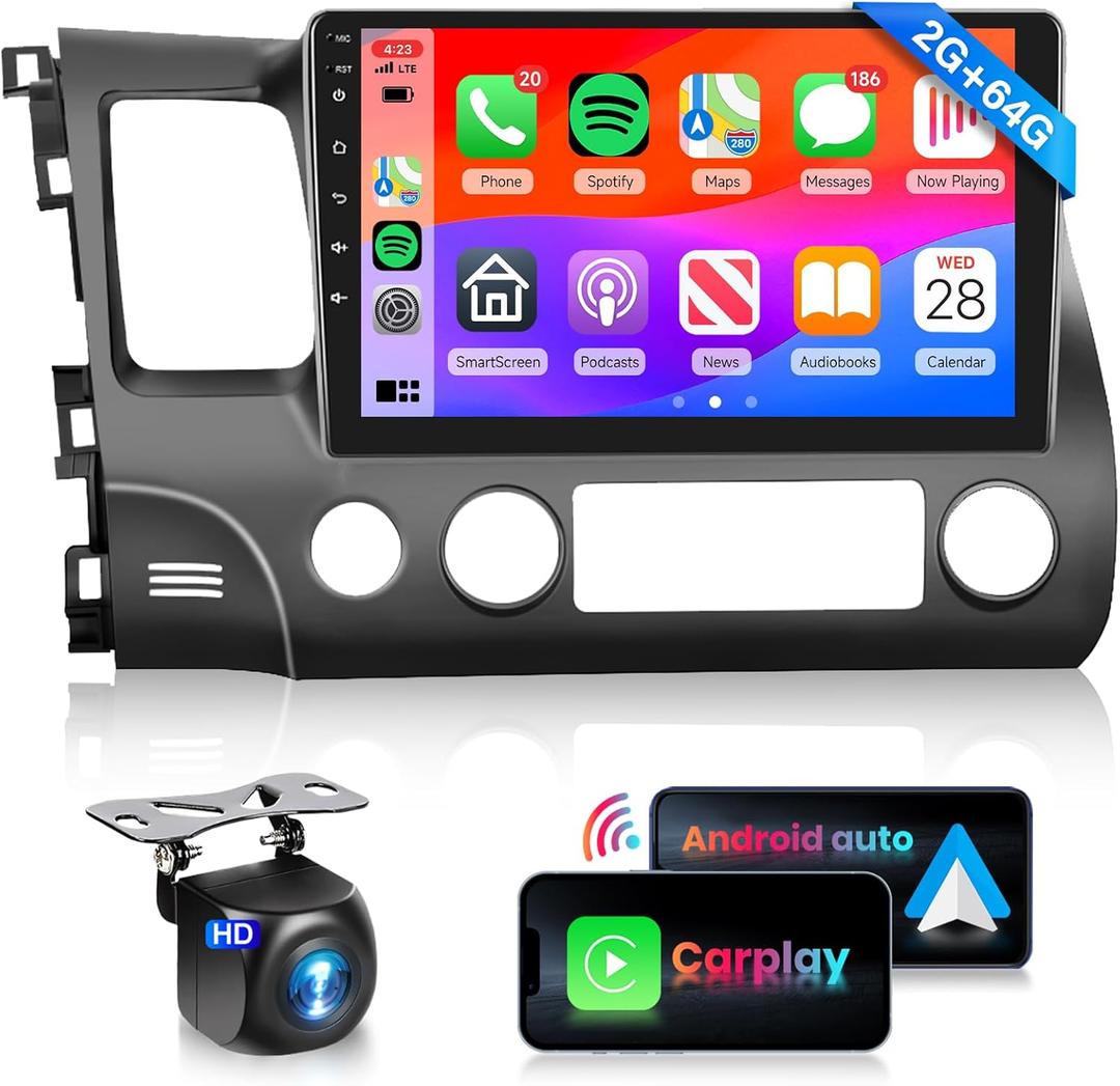Podofo HiFi 16EQ Radio estreo de coche 2G 64G para Honda Civic 2006-2011 CarPlay Android Auto MirrorLink, 10.1 pulgadas 1080P HD IPS pantalla tctil Civic Car Radio GPS WiFi RDS FM Radio AHD cmara