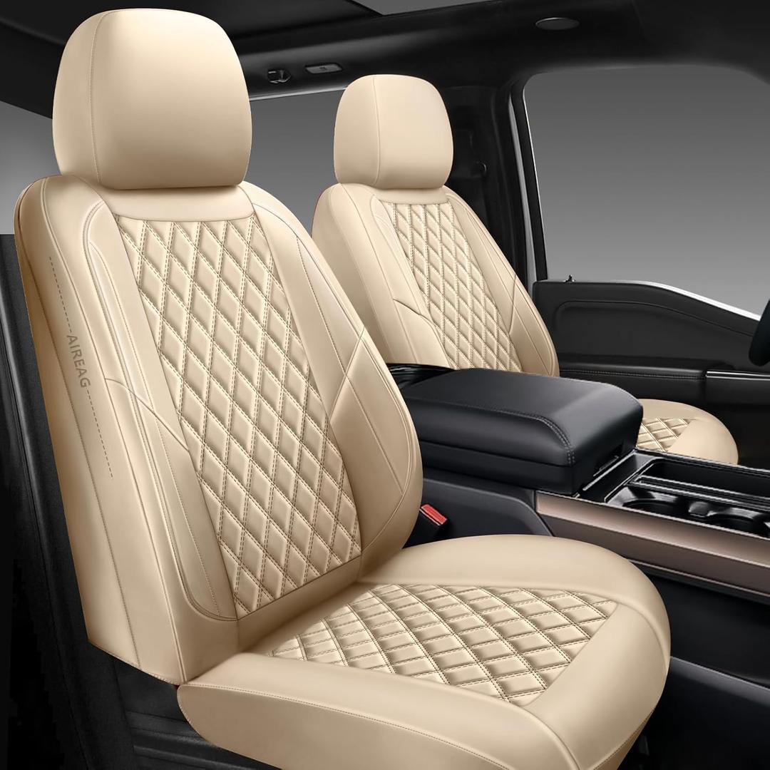 Premium Leather Car Seat Covers Full Set, Universal Fit for Cars, Trucks & SUVs, Waterproof Car Seat Cushion, Full Coverage Car Seat Protector with 5 Seats, Beige (Front and Rear(5 seats))