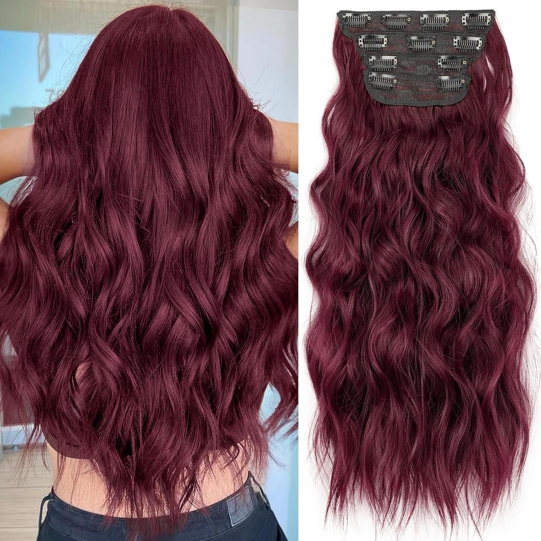 KooKaStyle Hair Extensions Burgundy Clip in Synthetic Highlight Hair Extensions Long Wavy 4PCS Thick Hairpieces 20 Inch for Women, 20 Inch, Burgundy
