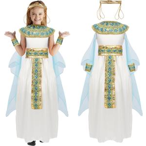 Cleopatra Costume Kids Girls Egyptian Costume 6Pcs Cleopatra Dress Accessories Halloween Outfit Props (5-6 Years/Small, Blue)