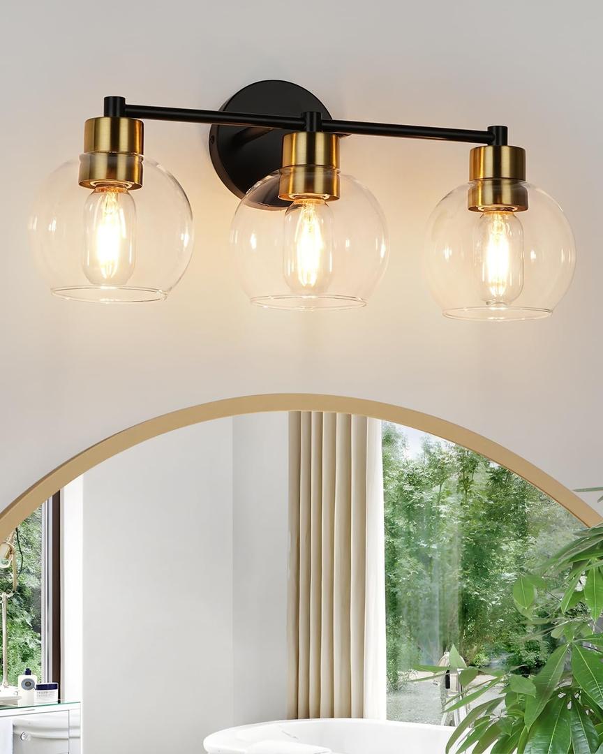 WILON Modern Bathroom Light Fixtures Over Mirror, 3-Light Bathroom Vanity Light, Black and Gold Vanity Light Fixture, Wall Lamp with Globe Clear Glass Shades