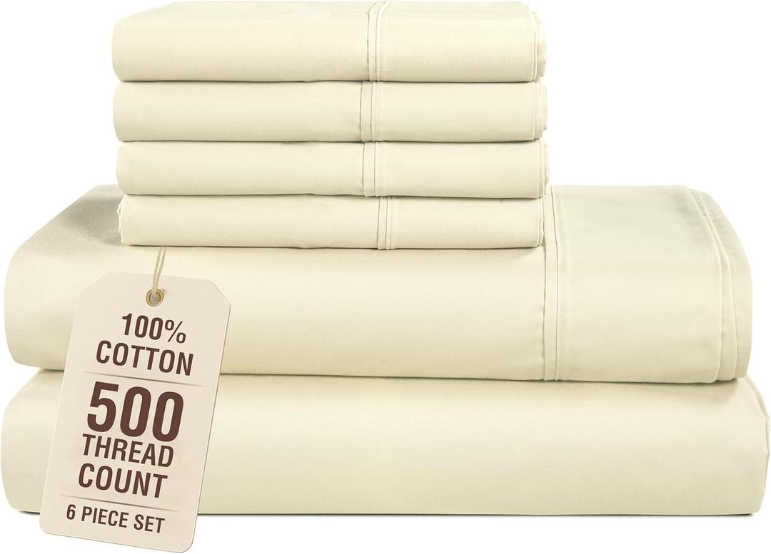 Casa Platino 100% Cotton Sheets Full Size, 6 Piece Sheet Set with 500 Thread Count Silky Smooth Sateen Finish, Lightweight and Durable Full Size Sheet Set with 15 Inch Deep Pocket Fitted Sheet Ivory