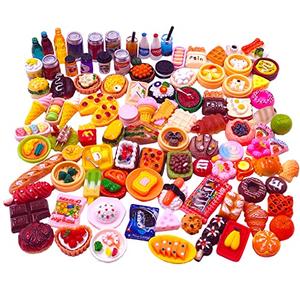 100pcs Miniature Food Drinks Bottle Toys Dollhouse Mixed Resin Accessories for Adults Kids Kitchen Accessories for Pretend Play (Hamburger, Pizza, Cake, Ice Cream, Bread)