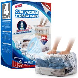 TAILI Cube Travel Vacuum Storage Bags 4 Pack, Medium Size (25x19x11 inch), Reusable Space Saver Compression Bags for Travel