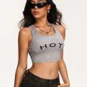 Women's Letter Print Sleeveless Tank Top Scoop Neck Slim Fit Crop Tops Shirts (S)