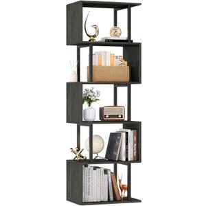 Furologee 6 Tier Bookshelf Tall Geometric Bookcase, S Shaped Industrial Display Standing Shelf, Metal and Wood Decorative Storage Room Divider Rack for Bedroom, Living Room, Office, Light Black Oak