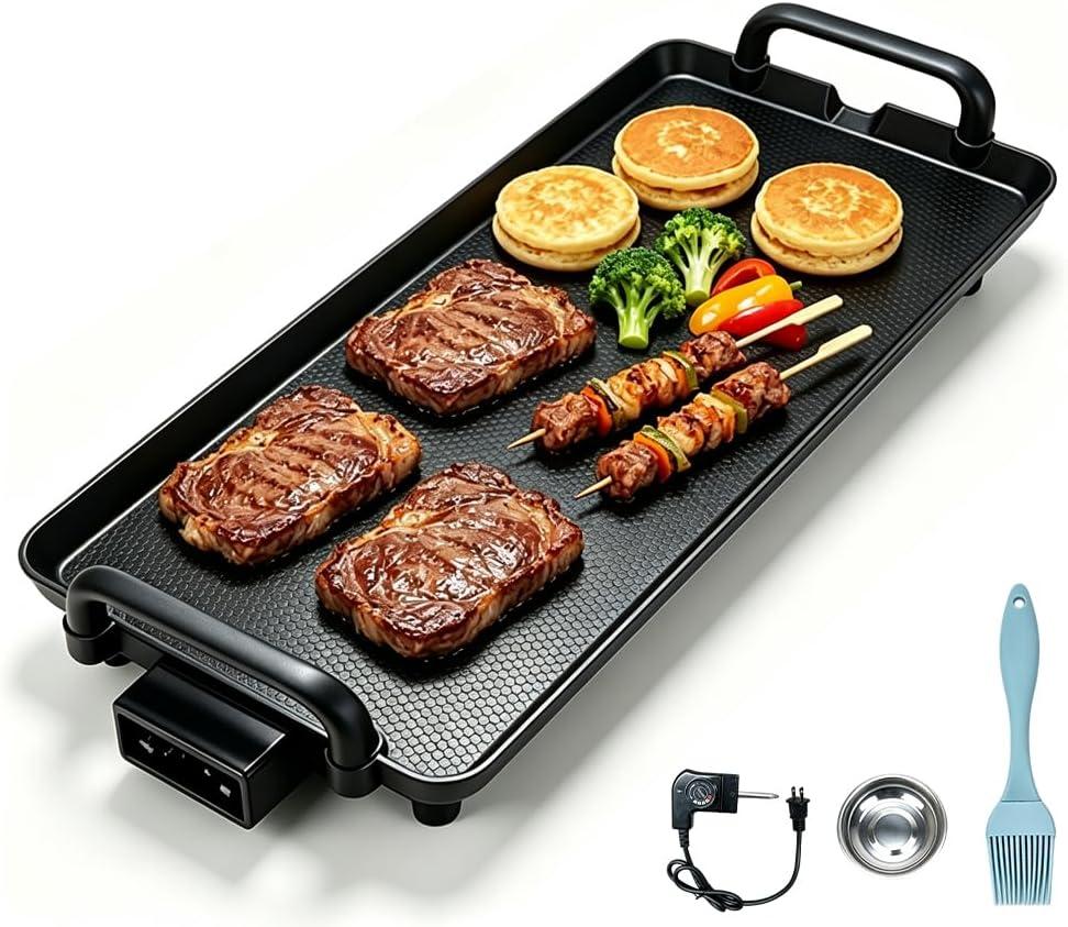PineyPlace Electric Griddle for Bacon, Eggs, Pancake, Breakfast and Camping Grilling, 1400W NonStick Flat Top Indoor Grill, 5 Adjustable Temperatures, Dishwasher Safe, Black, 22.83 x10.24inches