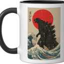 Japanese Kaiju Wave Red Sun Japan Monster Men Women Kids Ceramic Mug, Black/White (11 Ounces)