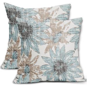 Light Blue and Brown Pillow Covers 18x18 Set of 2 Retro Sunflower Flowers Print Decorative Throw Pillows Outdoor Modern Art Floral Pillowcase Square Linen Cushion Case for Home Sofa Couch Bed