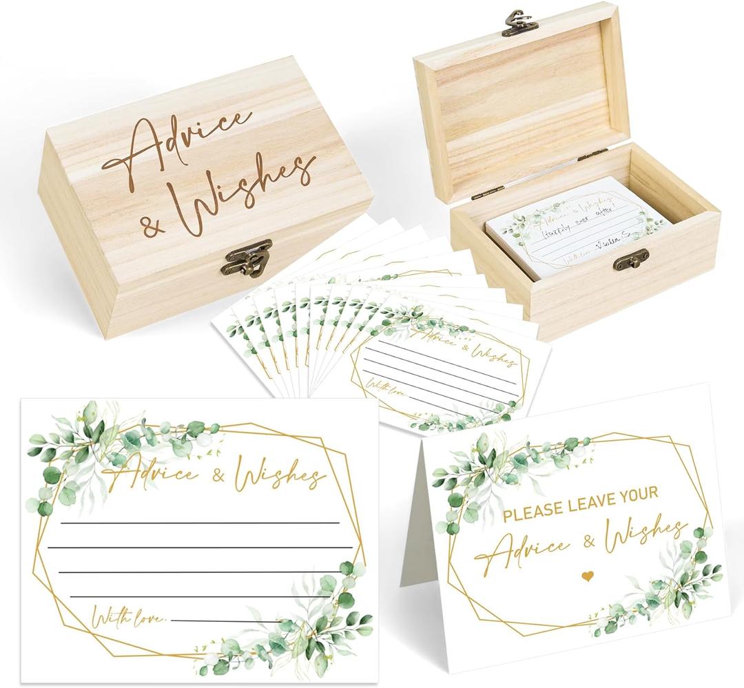 52 Pcs Wedding Eucalyptus Baby Shower Advice Cards Box Set Greenery Baby Shower Party Decor with Pine Wood Box Showing Card And 50 Wishes Cards Game Ideas Themed Rustic Advice Birthday Bridal Shower