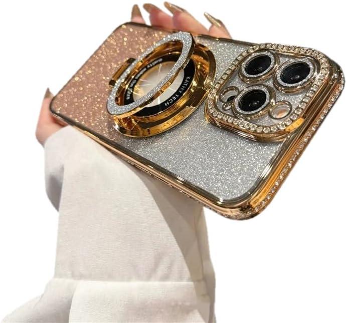 Bling Glitter Phone Case Compatible with iPhone 13 Pro Max, Kickstand Camera Lens Protector Soft Cover Sparkling Rhinestone Case (Gold)