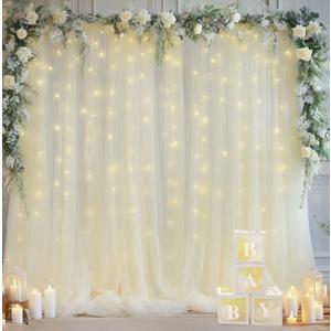 Xiomot 10×10ft Cream White Tulle Backdrop Curtain with Lights String for Parites, Sheer Photo Curtain Backdrop Drapes for Wedding Party Photography Backgrounds