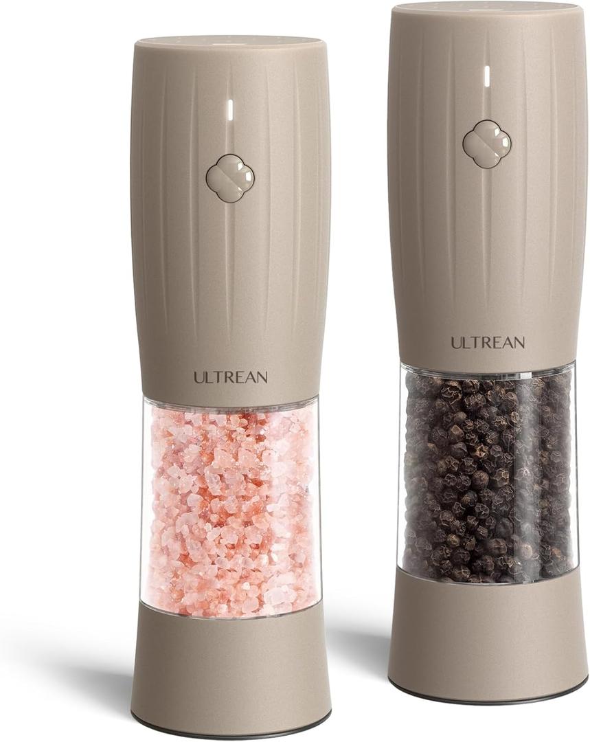 Ultrean Electric Salt and Pepper Grinder Set, Rechargeable Salt and Pepper Shakers, 6 Adjustable Coarseness, LED Light, Kitchen Gadget & Housewarming Gift, Brown