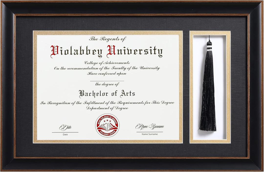 VIOLABBEY 11x17 Diploma Frame with Tassel Holder Black for 8.5x11 Certificates Document, College Degree Frame for Wall Mounted (Black Gold Double Mat)