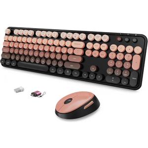 Wireless Keyboard and Mouse Combo, Ergonomic Full Size Typewriter Retro Round Keycaps Keyboard, Compatible with Windows, PC, Perfer for Home and Office Keyboards (Aurora Red)