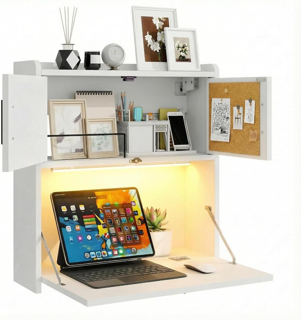 ARTETHYS Wall Mounted Desk Folding with Light Drop Down Hanging Desk, 23.4x16.9x24.4 inches