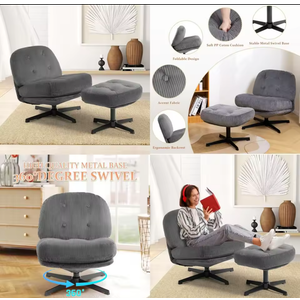 HollyHOME Modern 360°Swivel Accent Chair with Ottoman, Upholstered Comfy Reading Chair and Footstool, Fabric Lazy Chair with Soft Cushion, Lounge Sofa Chair for Living Room, Bedroom, Dark Grey