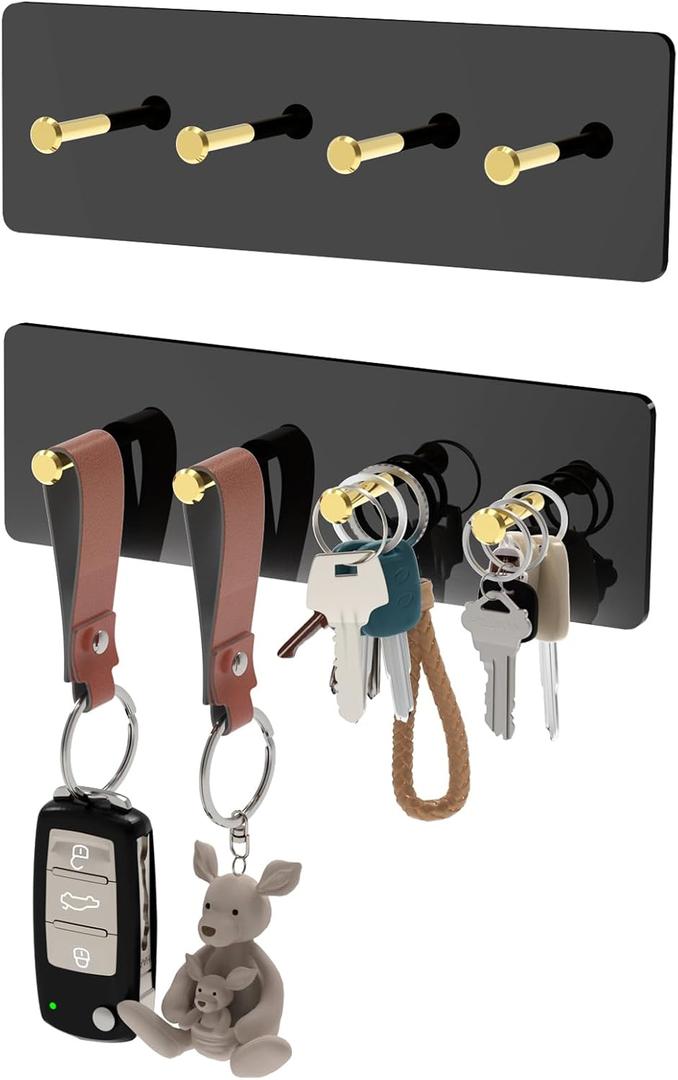 NiHome Acrylic Key Holder Wall Mount Adhesive 2 Pcs, Key Hanger with 4 Metal Longer Hooks for Wall to Hold Larger Straps, Key Rack Organizer for Doorway Entryway Kitchen Office RV (Black/Gold)
