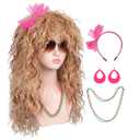 Women Long Curly 80s Blonde with Reddish Brown Cosplay Wig with Lace Headband Earrings and Necklace for Halloween