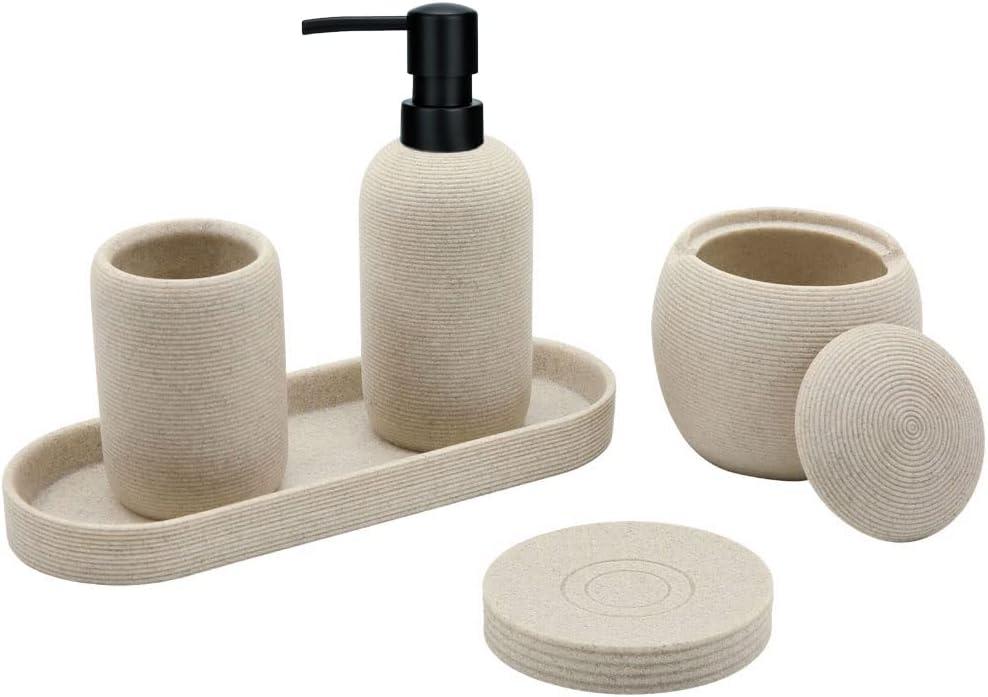 Beige Resin Bathroom Accessory Set, 5 Pcs Bathroom Accessories Set with Lotion Dispenser,Soap Dish,Toothbrush Holder,Vanity Tray,Qtip Holder Dispenser, Modern Bathroom Decor and Housewarming Gift Set