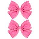 4" Hot Pink Ruffled Ribbon Hair Bow Barrettes, 2pc Cute Satin Bow-knot Alligator Clips Hairpins Birthday Valentine Party Dress Decor Accessory for Teens Toddler Girls Kids Child
