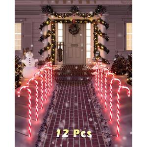 COOLWUFAN 12 Pack Christmas Candy Cane Pathway Markers, 22'' Candy Cane Christmas Decorations Pathway Lights Outdoor with 72 Warm Lights for Xmas Holiday Party Walkway Patio Garden Yard Lawn Decor