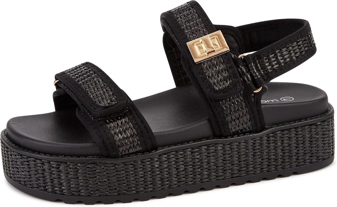 LUCKY STEP Women's Raffia Platform Wedge Sandals Open Toe Slingback Sandals Adjustable Double Strap Beach Sandals (Black, 10)