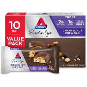 Atkins Endulge Caramel Nut Chew Bar, Low Sugar Snack, Dessert Bar, High Fiber Bar 1g Sugar, 10 Count Exp: 04/07/2026
