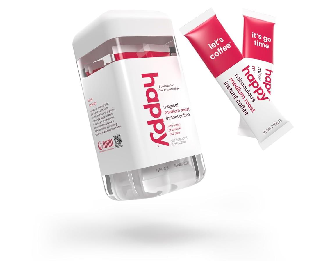 happy instant coffee, medium roast with notes of caramel and glee, 8 packets, single serve, use for hot or iced coffee, sustainably sourced