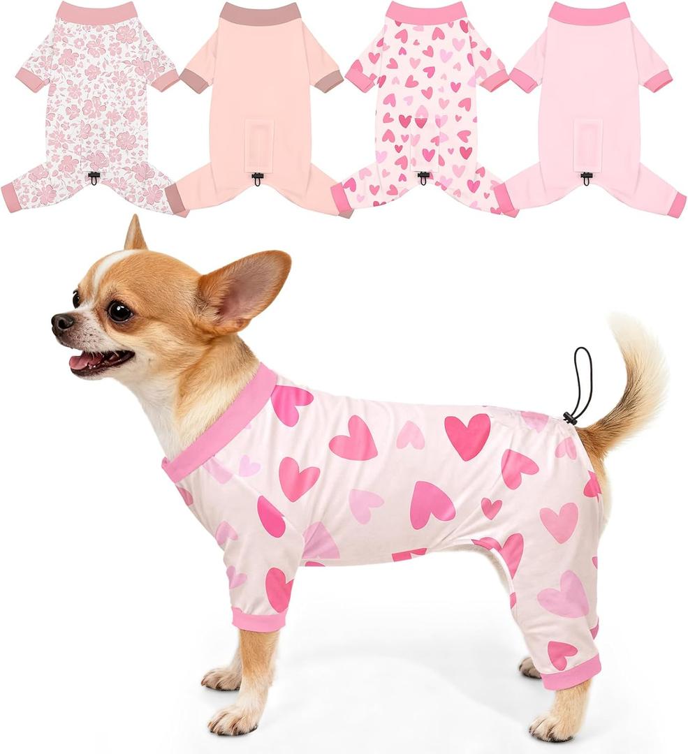 Bienbee Dog Pajamas, 4 Pack Dog Recovery Suit Shedding Suit Cute Soft Puppy Clothes Dogs Pjs Onesies Jammies Adjustable Breathable & Stretchy Clothes for Small Medium Large Dogs Girl Boy Puppy-S