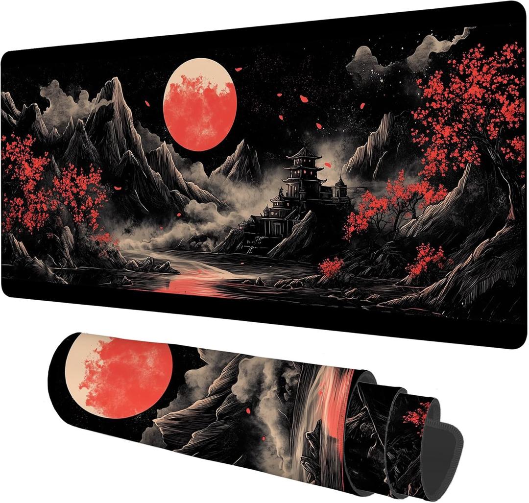 Chinese Style Painting Gaming Mouse Pad 3mm Thick Stitched Edge Waterproof Non-Slip Large Computer Keyboard Mouse Mat,Suitable for Office Entertainment Decorative Desk Pad 35.4 x 15.7 Inches