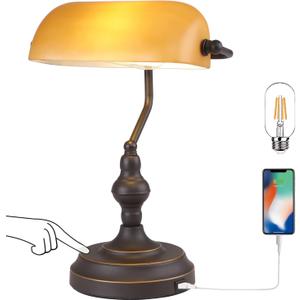 Banker Desk Lamp Touch Control, Vintage Banker's Desk Lamp with USB Port, 3 Way Dimmable Desk Lamps, Farmhouse Library Lamp Oil Rubbed Bronze for Office, Study Room
